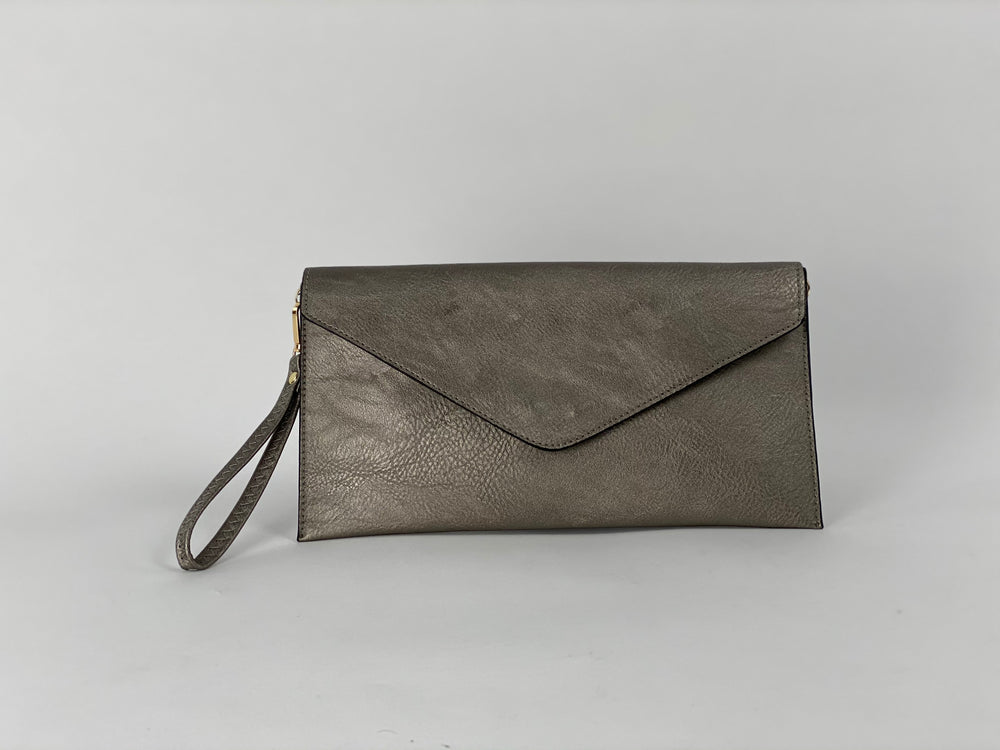 metallic grey clutch bag