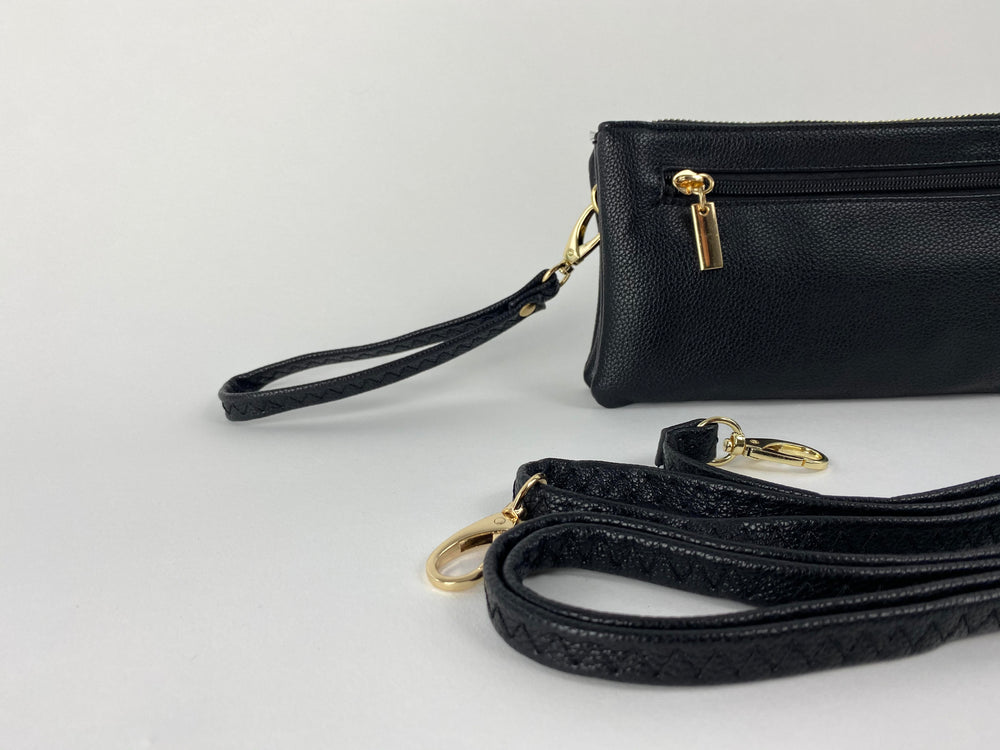 small black evening bag with strap