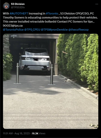 X/Twitter post from Toronto Police Services 53 Division highlighting the use of bollards.