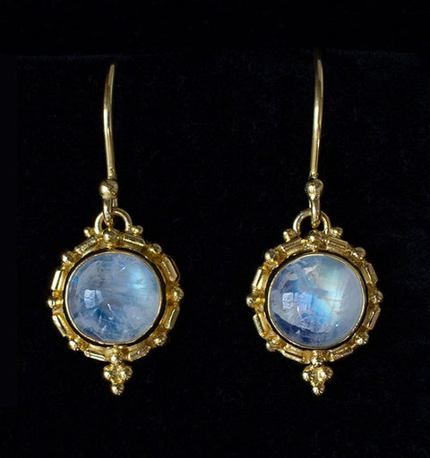 14k Gold Rainbow Moonstone Dangle Earrings by Boutique Batique