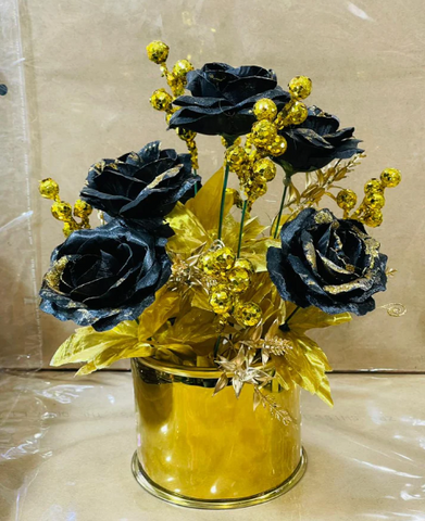 Metal Pot With Black Golden Flowers