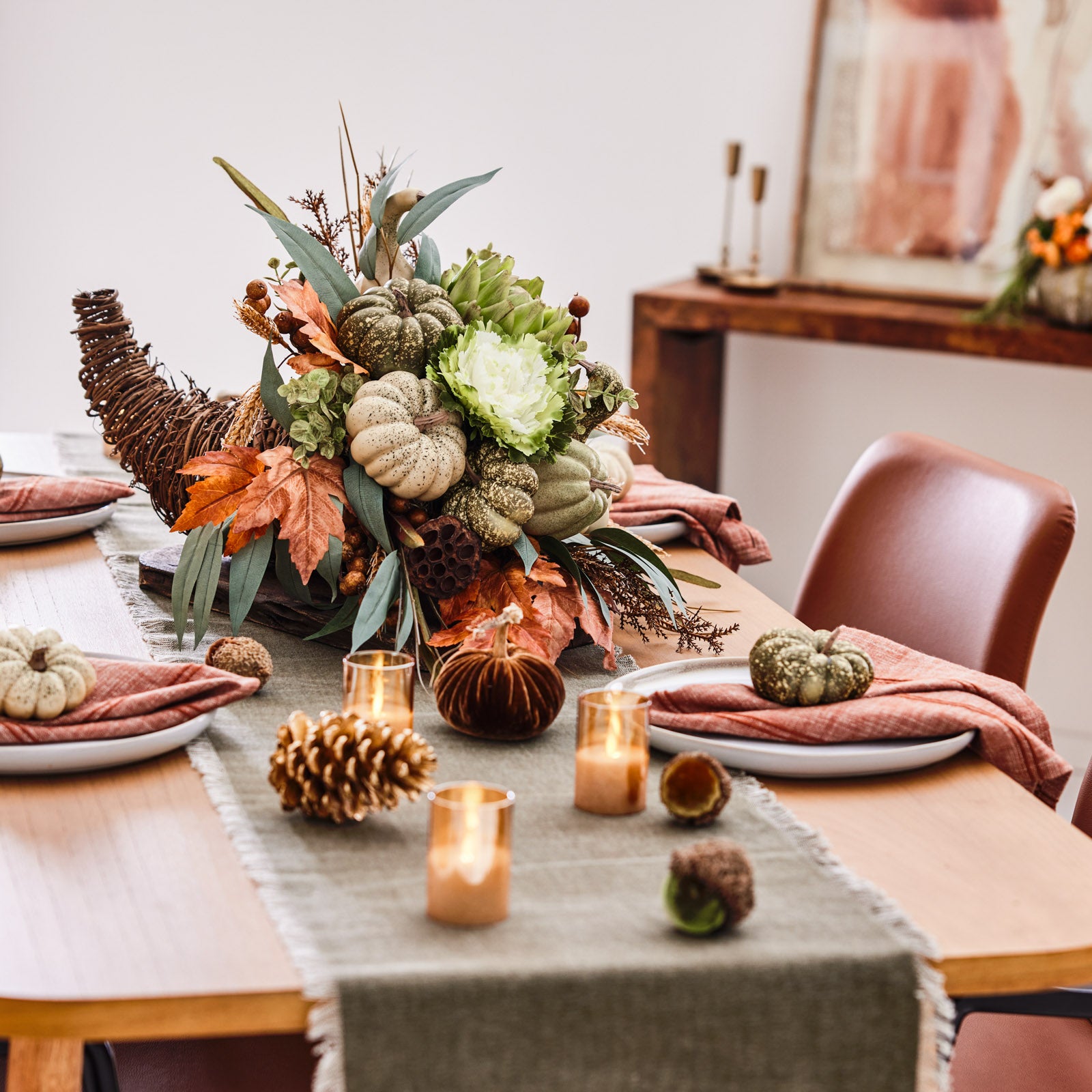 Fall's Grandeur Thanksgiving Cornucopia Centerpiece with Pumpkins