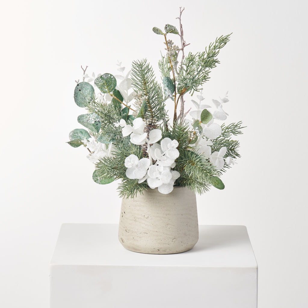 Mixed Winter Greenery & Pinecone Rustic Arrangement in White Birch Cyl –  Darby Creek Trading