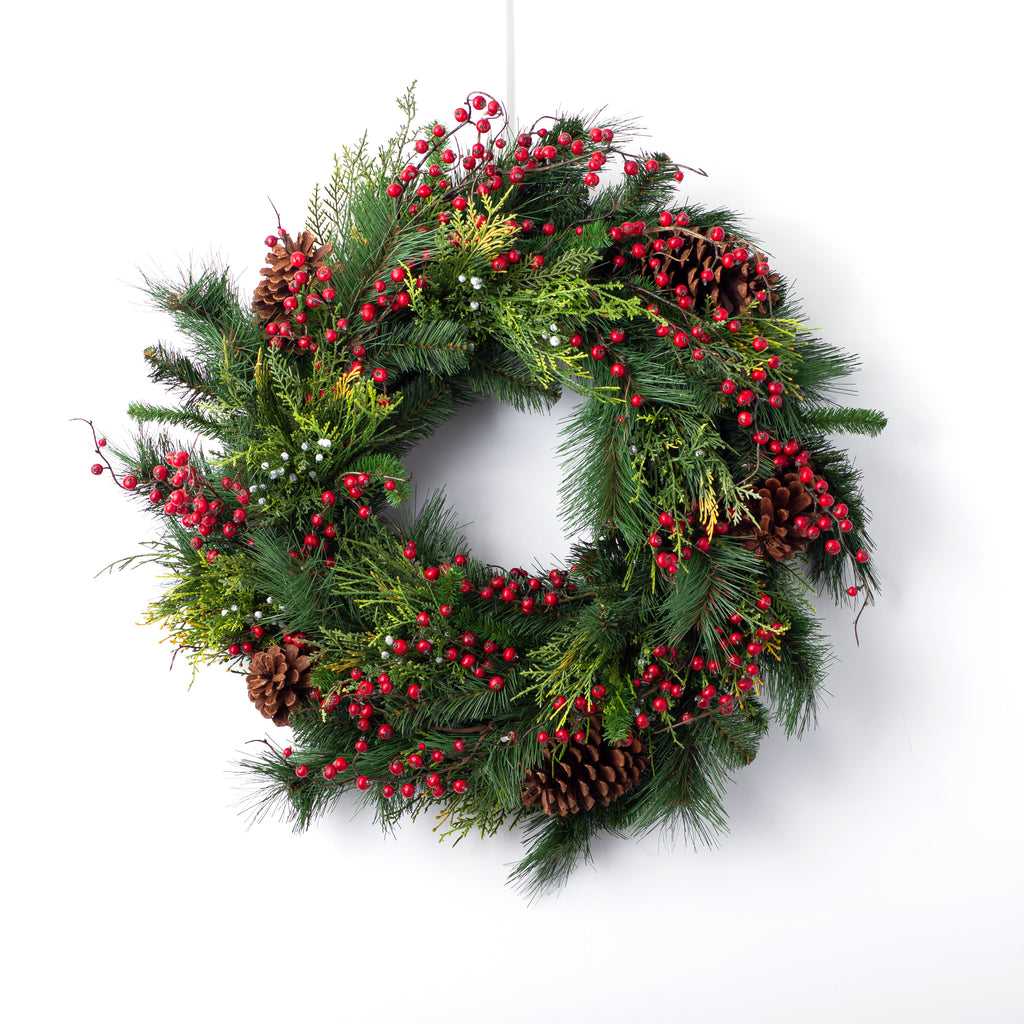 Christmas Wreath, Wagon Wheel Wreath, Pinecone Red Berries