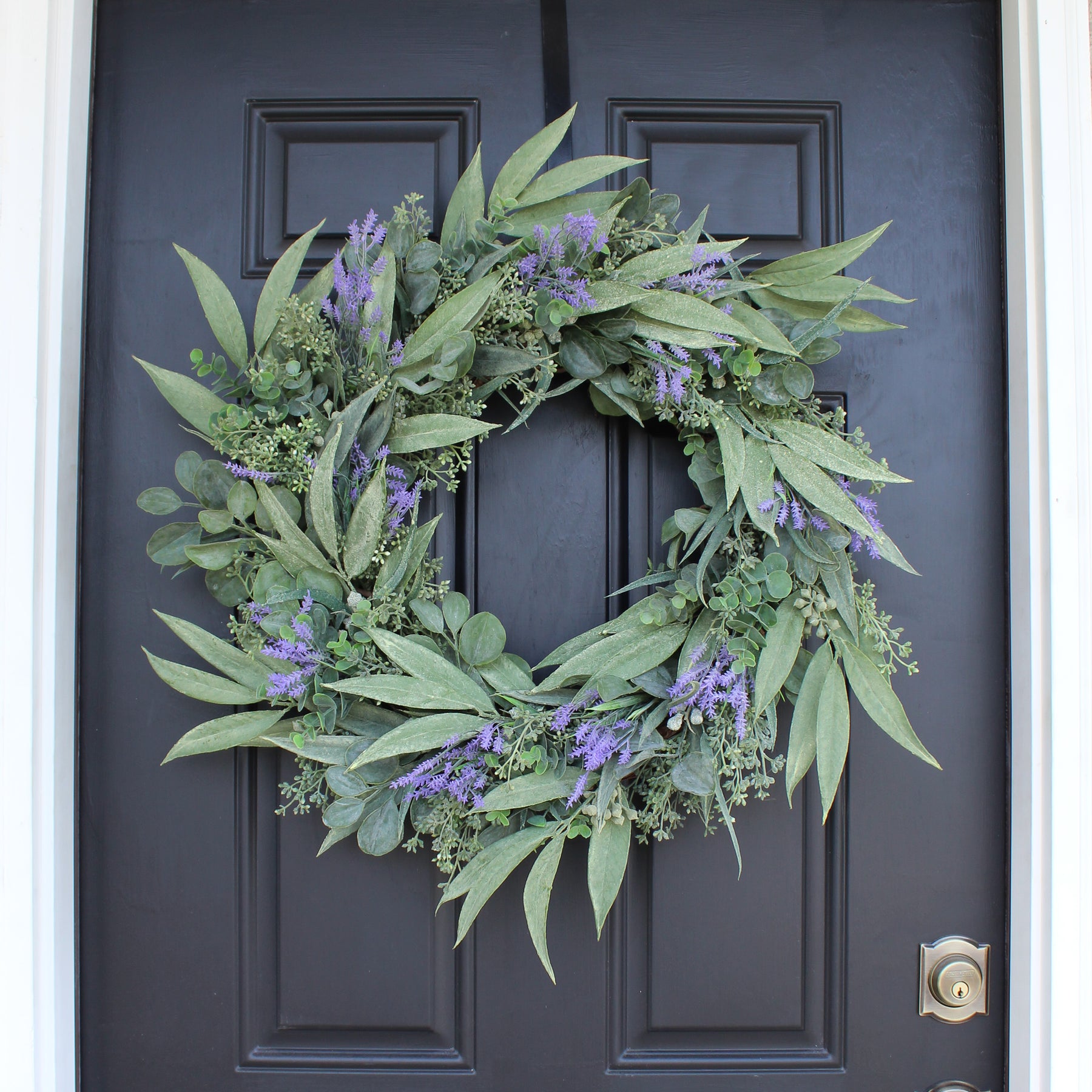 Door wreath/ lavender/ eucalyptus/ hessian bow/ sign/ white wicker