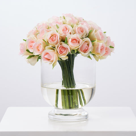 Artificial White Rose Stems in Rectangle Glass Vase