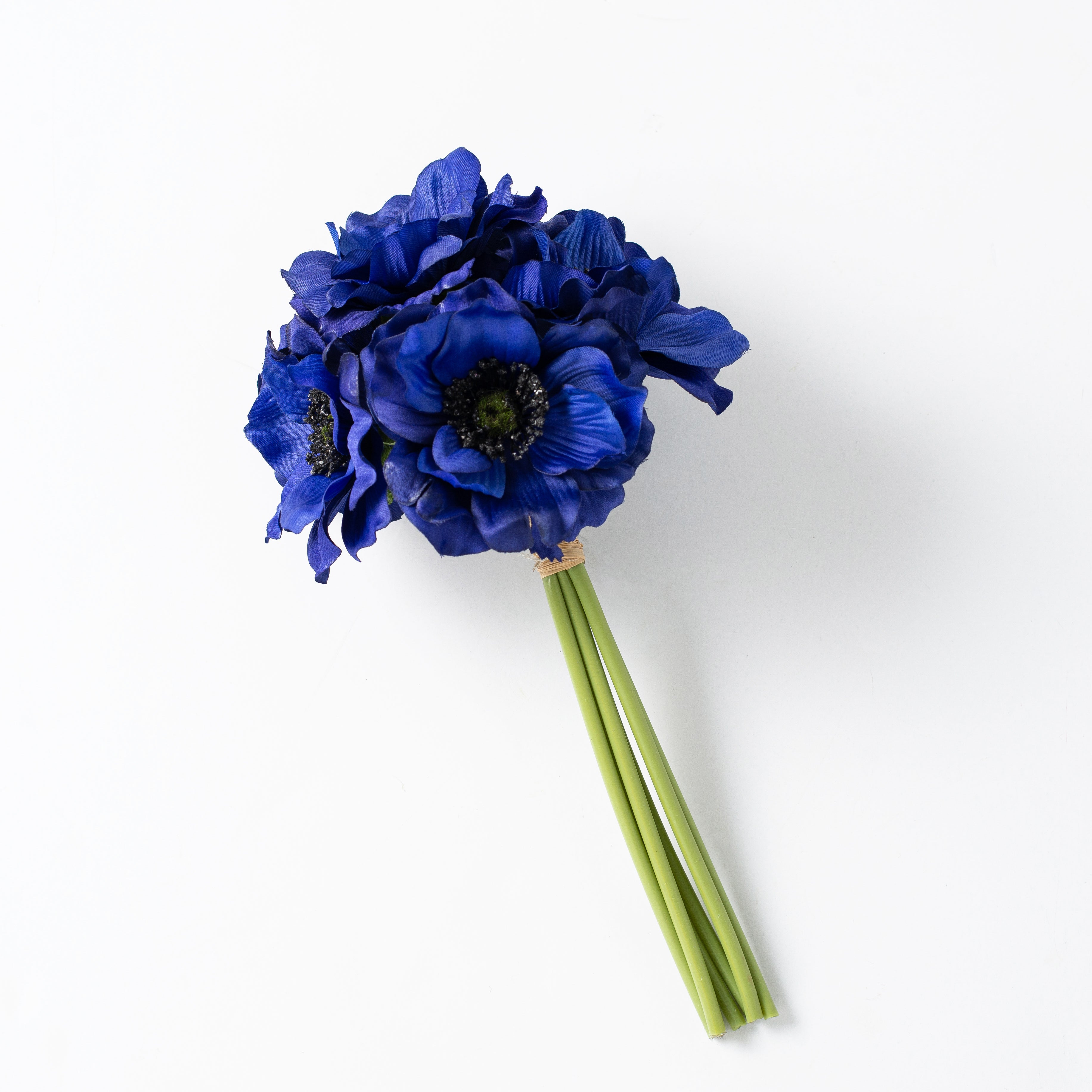 Cobalt Blue Silk Anemone Faux Floral Stem Bouquet Bundle of 6 Blooms