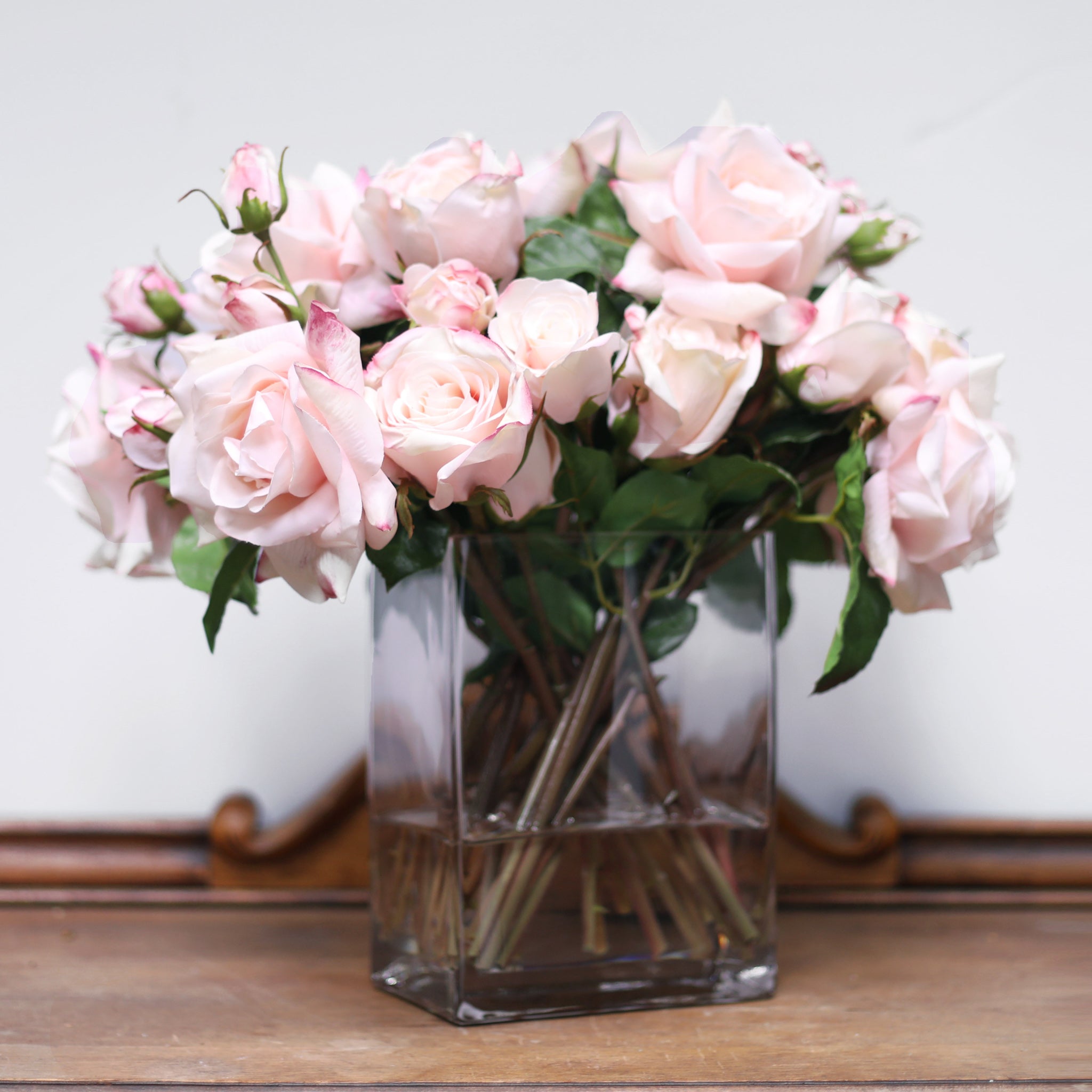 Blush Pink Real Touch Rose & Buds Floral Arrangement in Modern Glass R ...