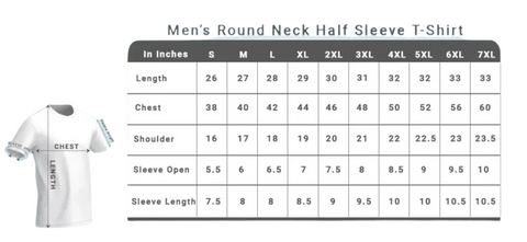 Men's Round Neck Half Sleeve T shirt Size Chart