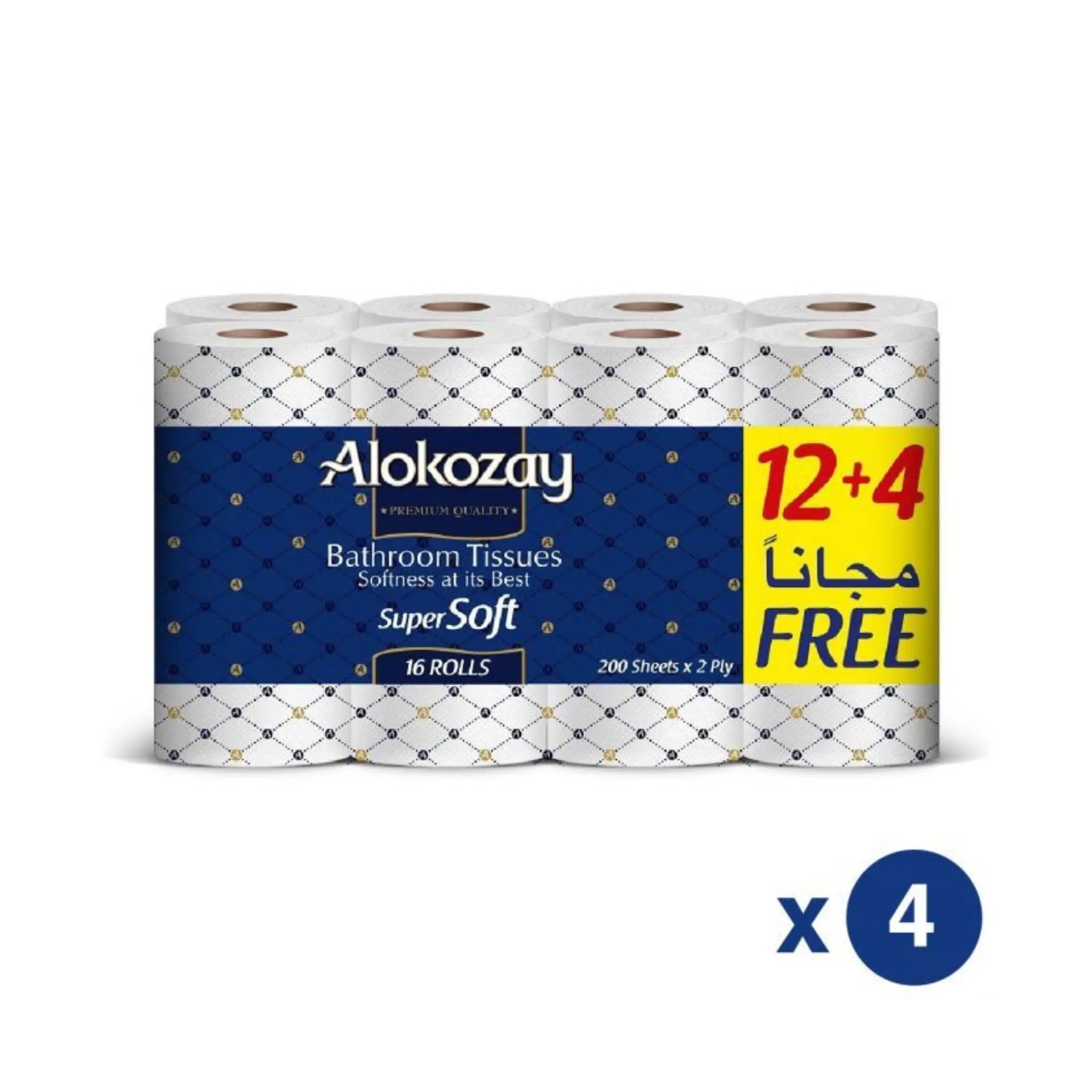 Alokozay Super Soft Bathroom Tissue - (12 + 4 Rolls x 2 ply x 200 Sheets) 4 packs per carton Marino.AE