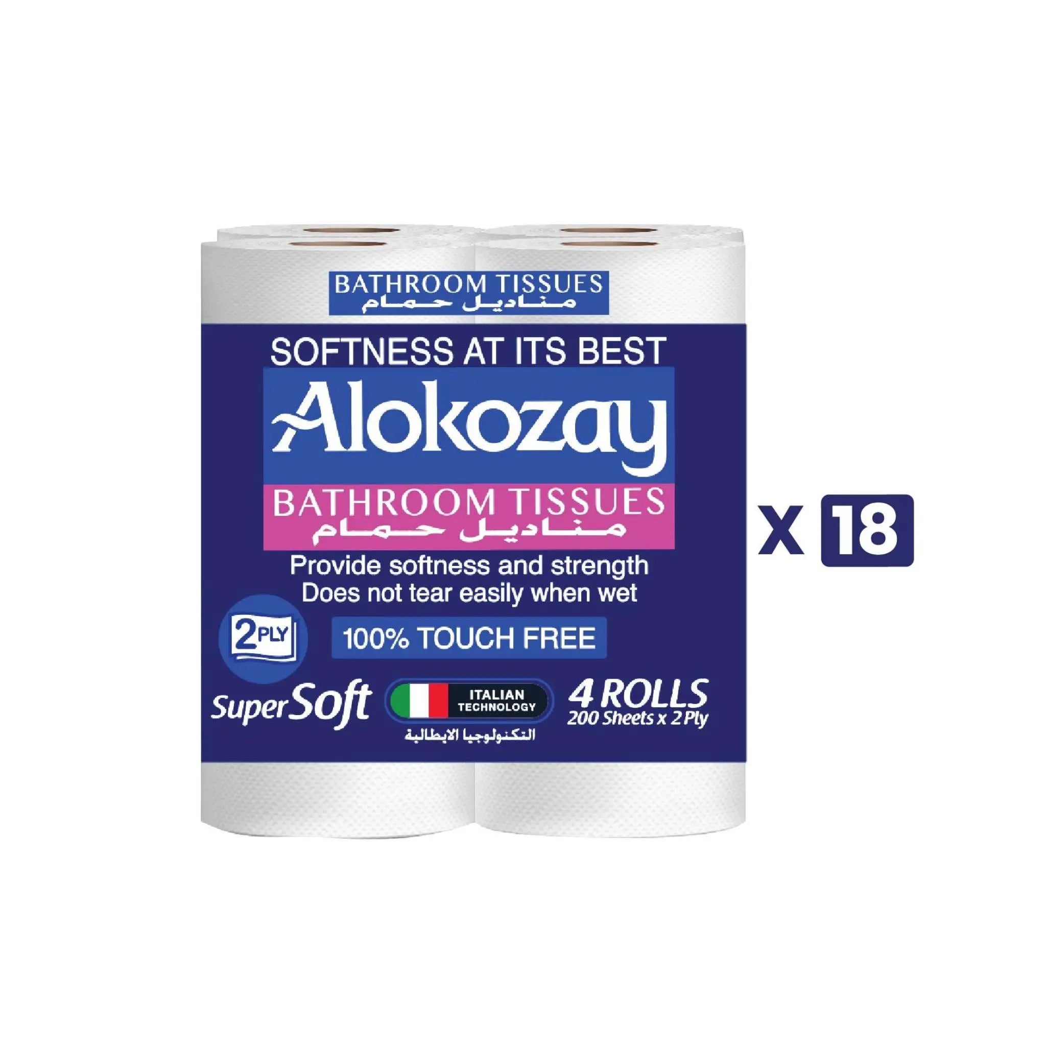Alokozay Super Soft Bathroom Tissue - (4 Rolls x 2 ply x 200 Sheets) 18 packs per carton Marino.AE