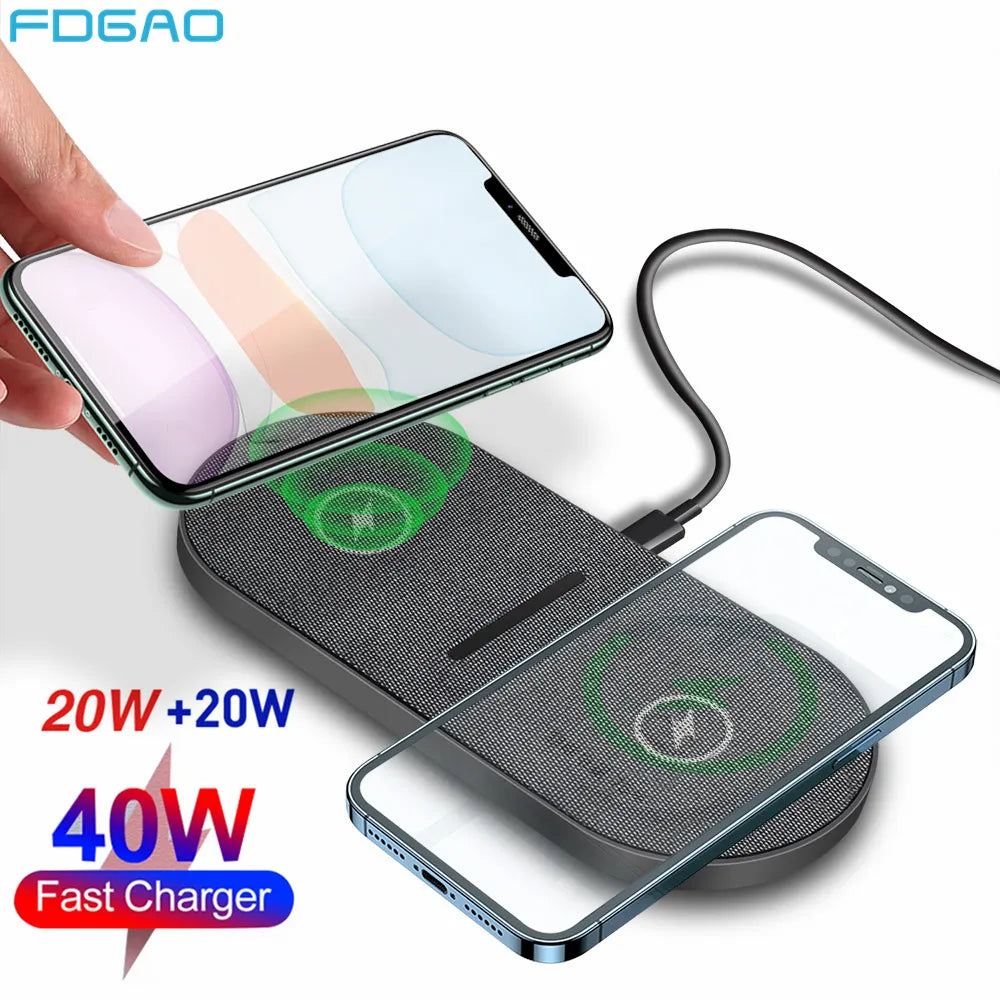 40W Dual Wireless Chargers for iPhone 15 14 13 12 11 XS XR X 8 Samsung S23 S22 Airpods 3 Pro Fast 2 in 1 Induction Charging Pad