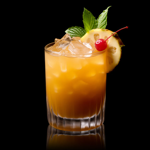 mai tai cocktail in a stylish glass, with ice cubes and a pineapple garnish, set against a black background