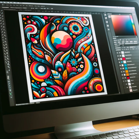 Photo of a computer screen displaying a colorful graphic design being created on graphic software.