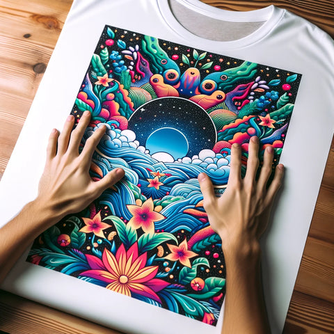 Photo of a blank shirt laid flat with a colorful sublimation transfer being positioned on it by a person's hands.