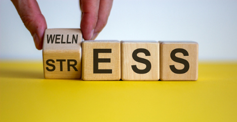 Photo of wooden cubes with letters that spell the word stress