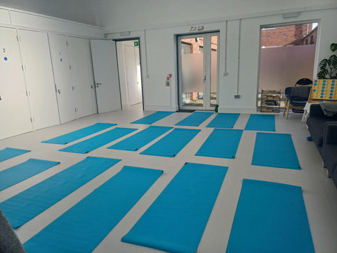 Yoga mats laid out for class at Tollers Community Centre, Coulsdon