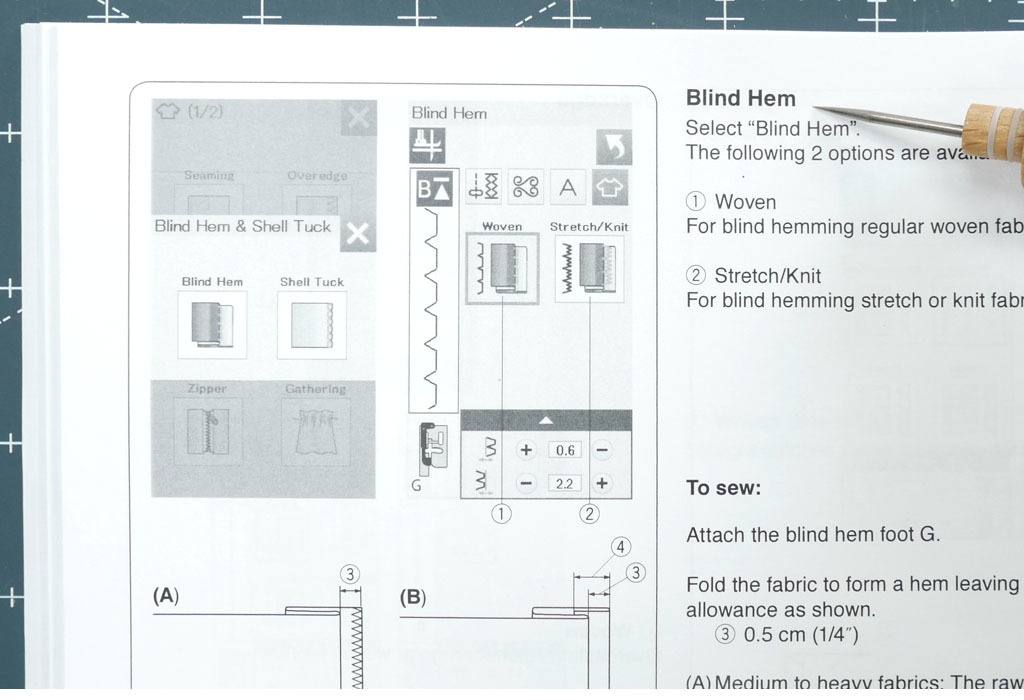 manual showing information on the blind hem stitch