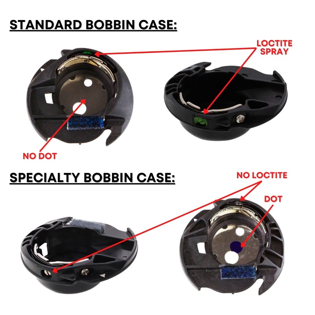 standard bobbin case with green spray and specialty bobbin case with no spray