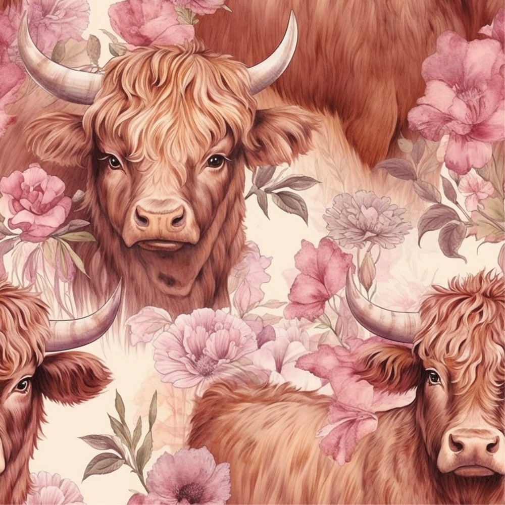 Springtime Highland Cows Pattern #5 Fabric
