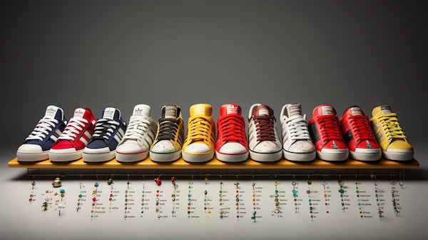 Illustrate a timeline of various iconic sneaker designs from the 1950s to present.