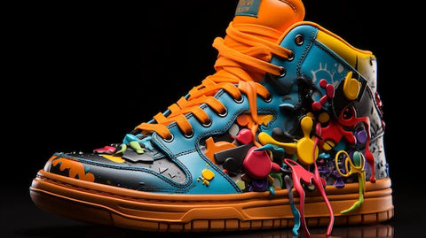an image featuring a diverse array of sneakers, each uniquely adorned with vibrant colors, street art designs, high-tech features, and eco-friendly materials, reflecting individuality and personal style.