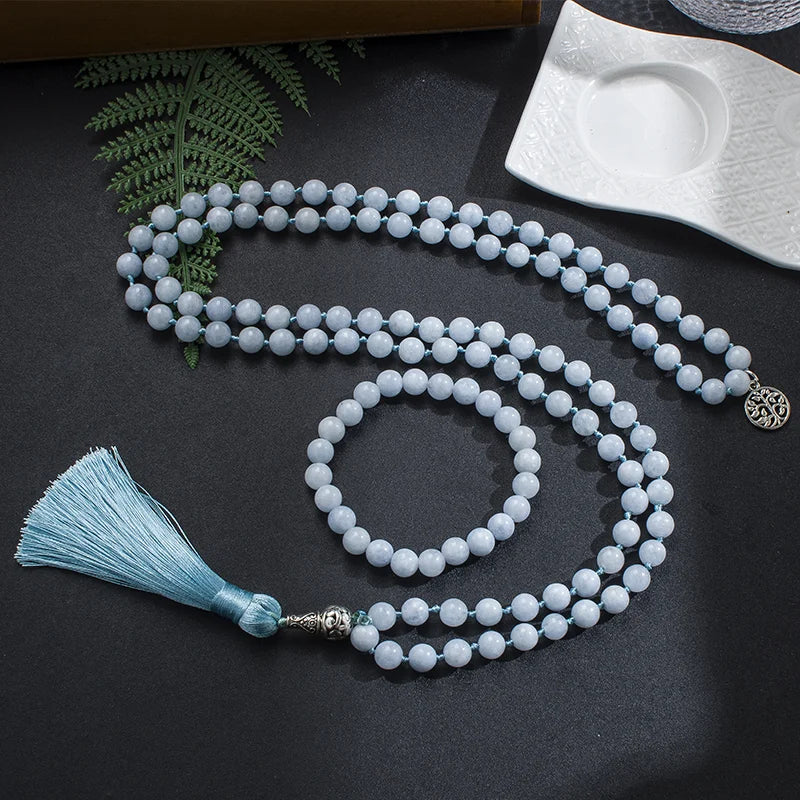Harmony and Serenity: 8mm Aquamarine Beaded 108 Mala Necklace