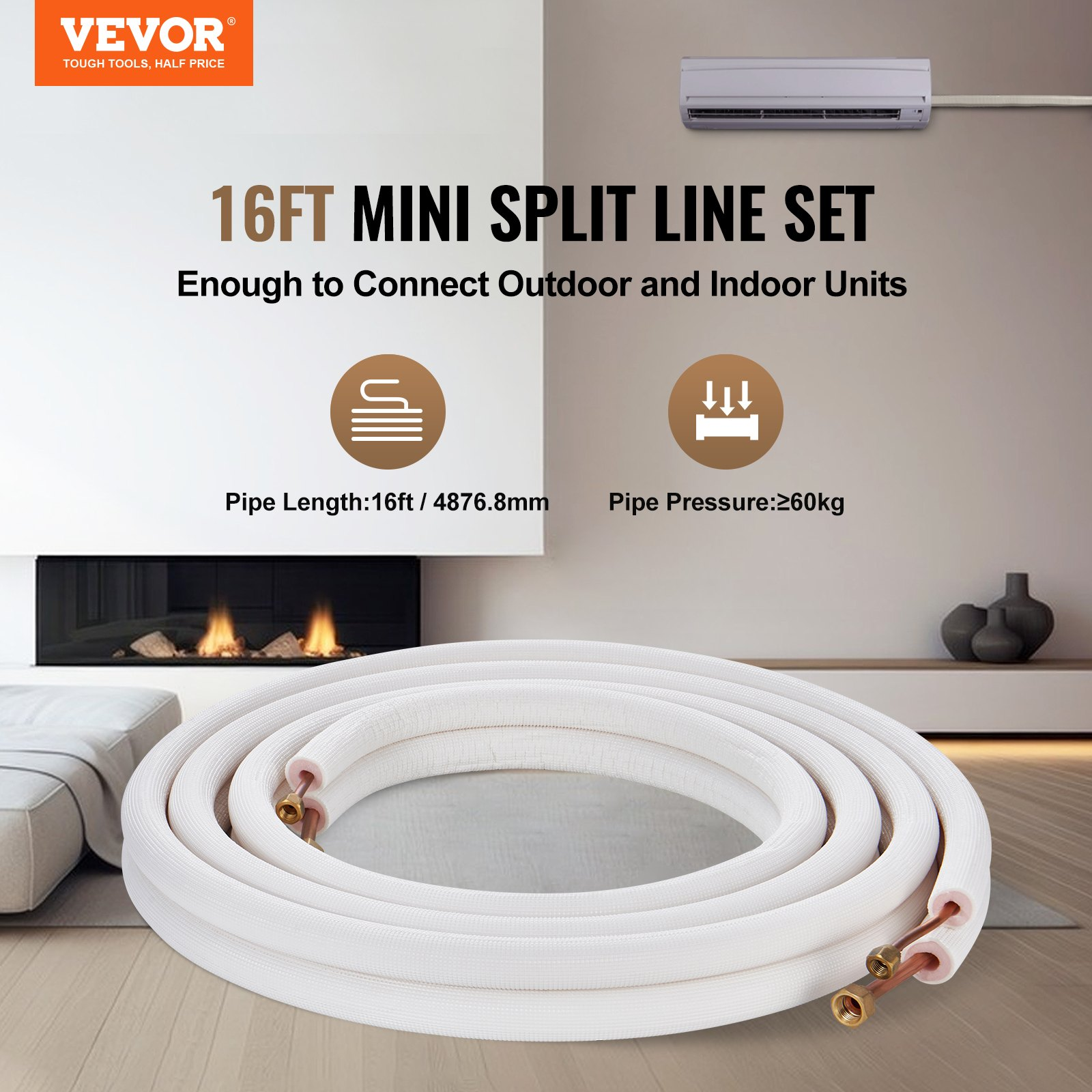 VEVOR 16FT Mini Split Line Set, 1/4" & 3/8" O.D Copper Pipes Tubing and Triple-Layer Insulation, for Air Conditioning or Heating Pump Equipment & HVAC with Rich Accessories (18ft Connection Cable)