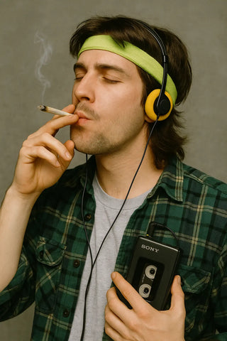 Entspannter 90er-Typ mit Flanellhemd, Sony-Walkman und Joint – Oldschool Cannabis-Vibe