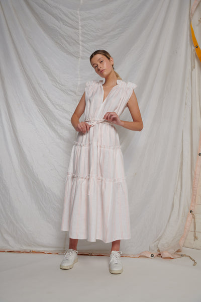 White linen maxi-length, sleeveless dress with pink stripes