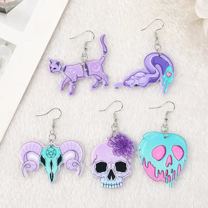 Pastel Goth Snake Cat Skull Dangle Earrings  Jewelry - Haunted Haven Goods
