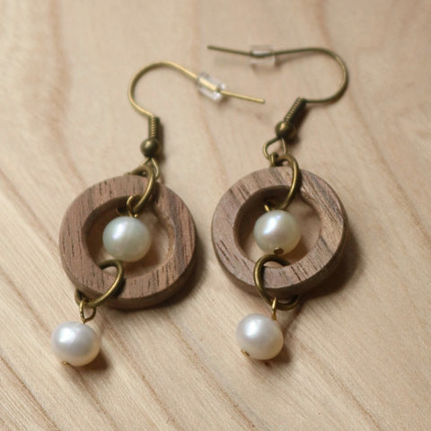 wood and pearl earrings, handmade by Rare Olive