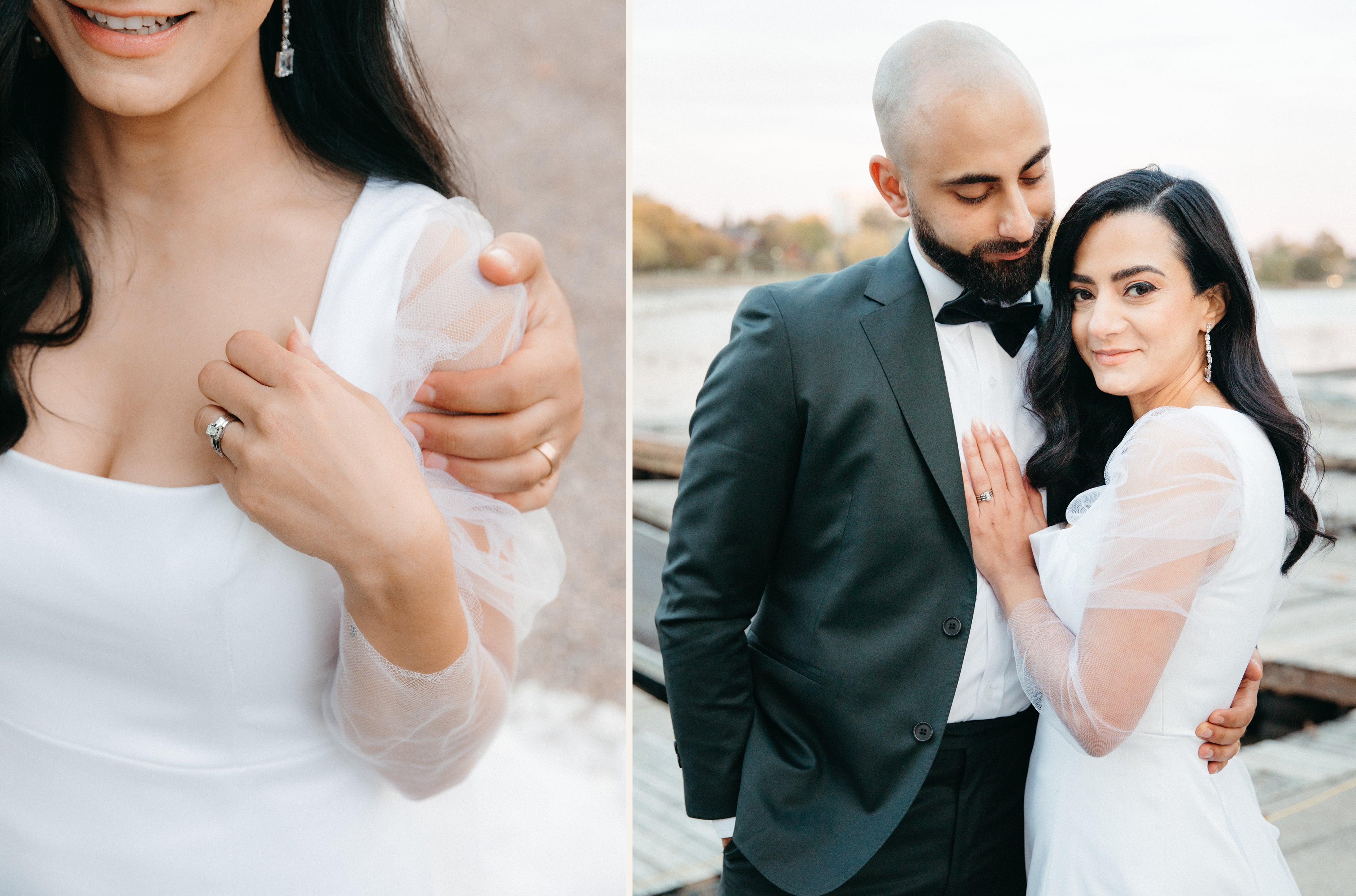 custom white wedding gown with crinoline sleeve