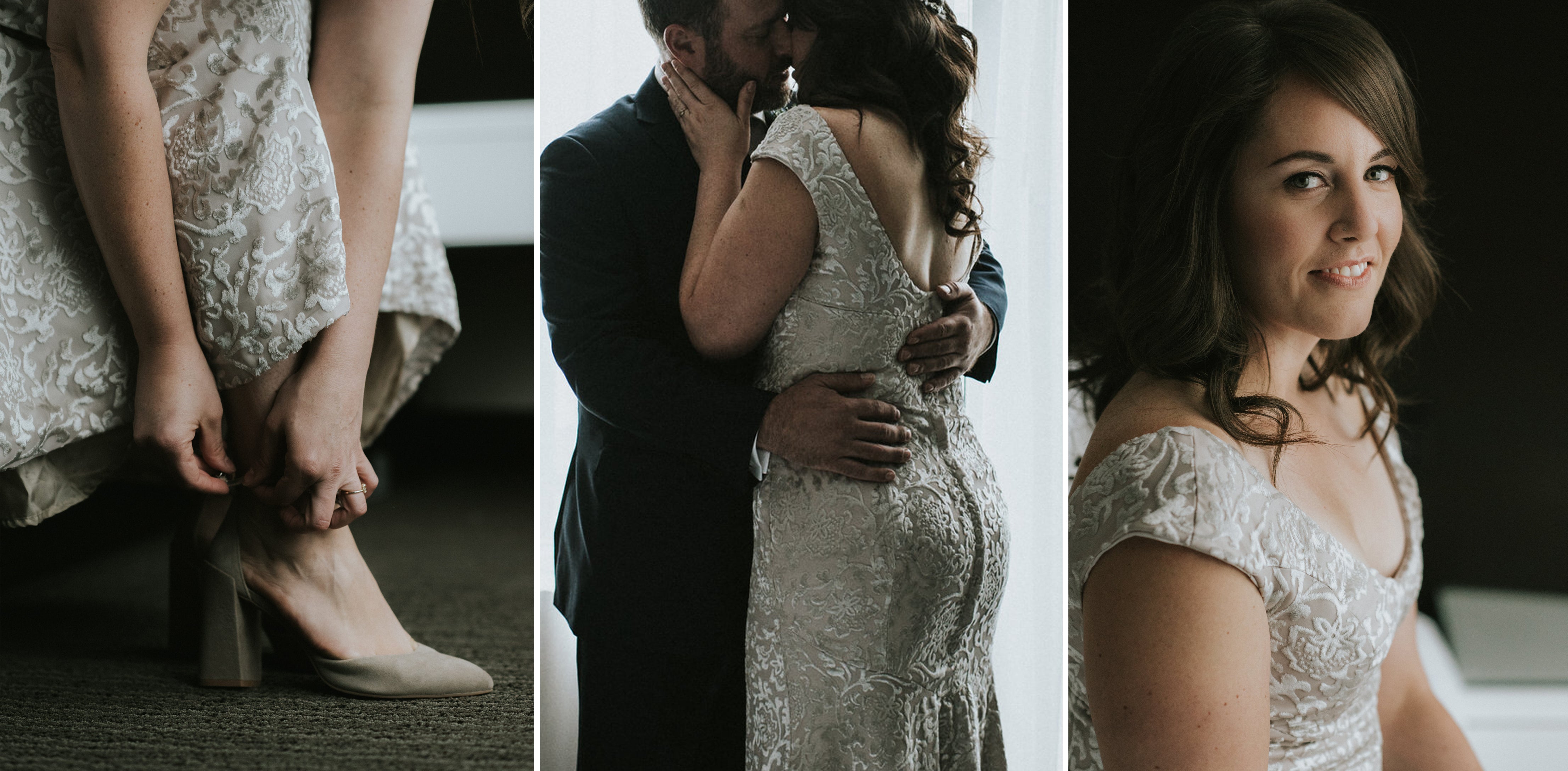 a bride getting ready, dressed in a custom made gown, handmade in Toronto, velvet patterned