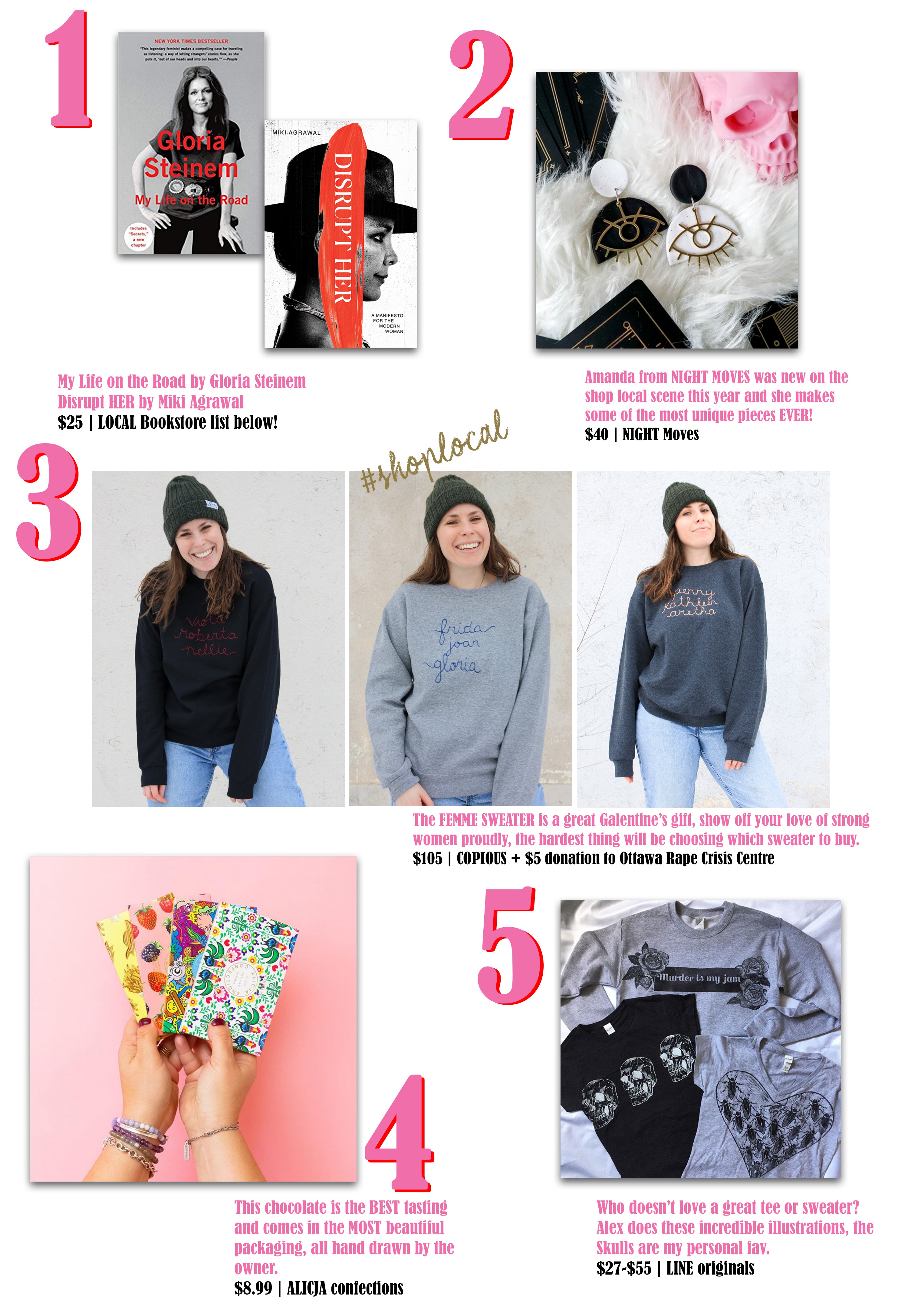 galentine's gift guide, canadian made gift guide, gloria steinem, night moves atelier, alicja confections, LINEoriginal, Copious Femme Sweater