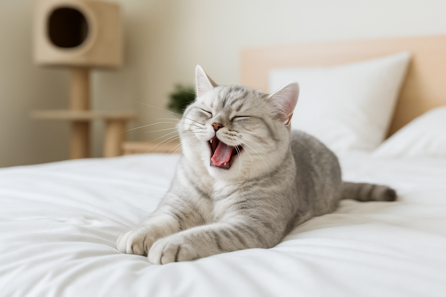 Silberne Britisch-Kurzhaar-Katze gähnt entspannt im Schlafzimmer mit Kratzbaum – Wohlfühlmoment mit Pacha-Streu