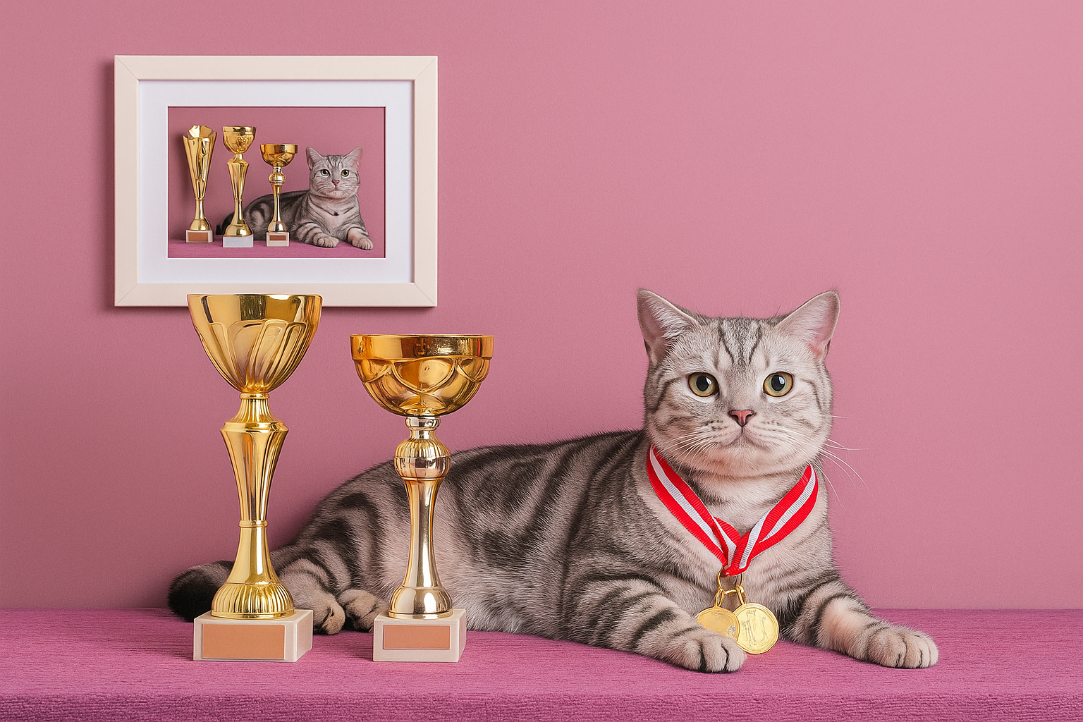 Chat avec médailles et trophées devant un mur violet avec un cadre photo de famille – Litière Pacha (Pacha-Streu)