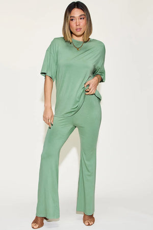 Basic Bae Bamboo Drop Shoulder T-Shirt and Flare Pants Set - Sass Savvy Boutique