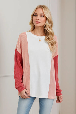 Double Take Texture Contrast Round Neck Long Sleeve T-Shirt - Sass Savvy Boutique