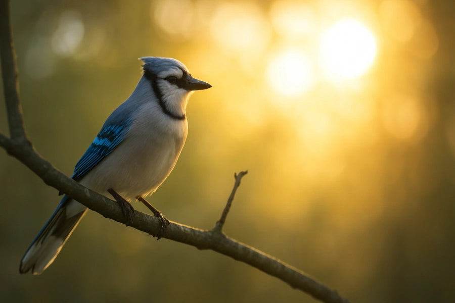 A Blue Jay perches quietly on a tree branch in the soft golden light of dawn, symbolizing hope, guidance, and the right timing of spiritual omens.
