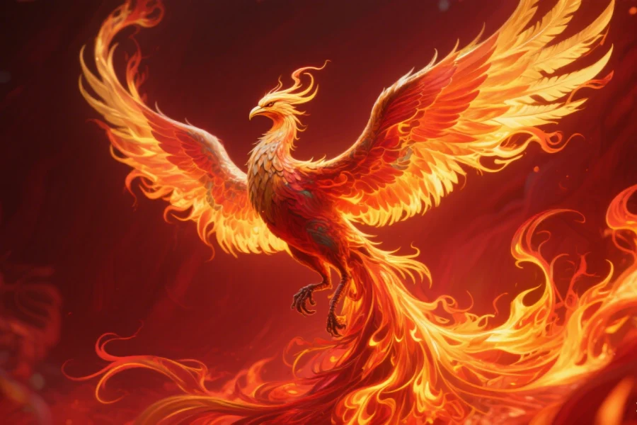 A majestic phoenix with wings spread wide, surrounded by vivid, flaming - like feathers, soaring in a red - hued background.