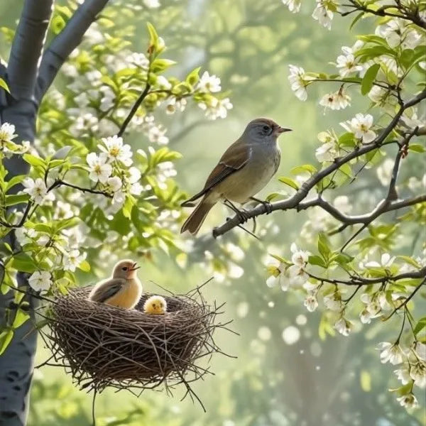 A mother bird watching over her chicks in a nest among blooming spring branches. A serene nature scene symbolizing renewal and new beginnings.
