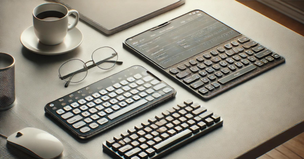 Een realistisch beeld van een moderne werkruimte met een smartphone op tafel. De smartphone geeft een toetsenbord op het scherm weer. Daarnaast bevinden zich een fysiek toetsenbord en een Hable One/Braille-toetsenbord, met verschillende typemethoden voor smartphones. De achtergrond is neutraal en de elementen zijn goed verlicht, waardoor de verschillende toetsenborden duidelijk naar voren komen. De afbeelding is door AI gegenereerd.