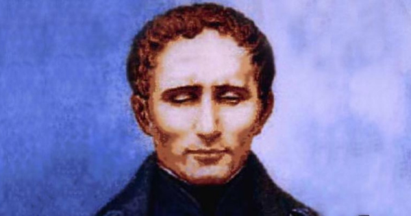 Eine Zeichnung von Louis Braille, dem Erfinder der Blindenschrift, auf blauem Hintergrund. Er sieht aus wie ein junger Mann mit lockigem Haar.