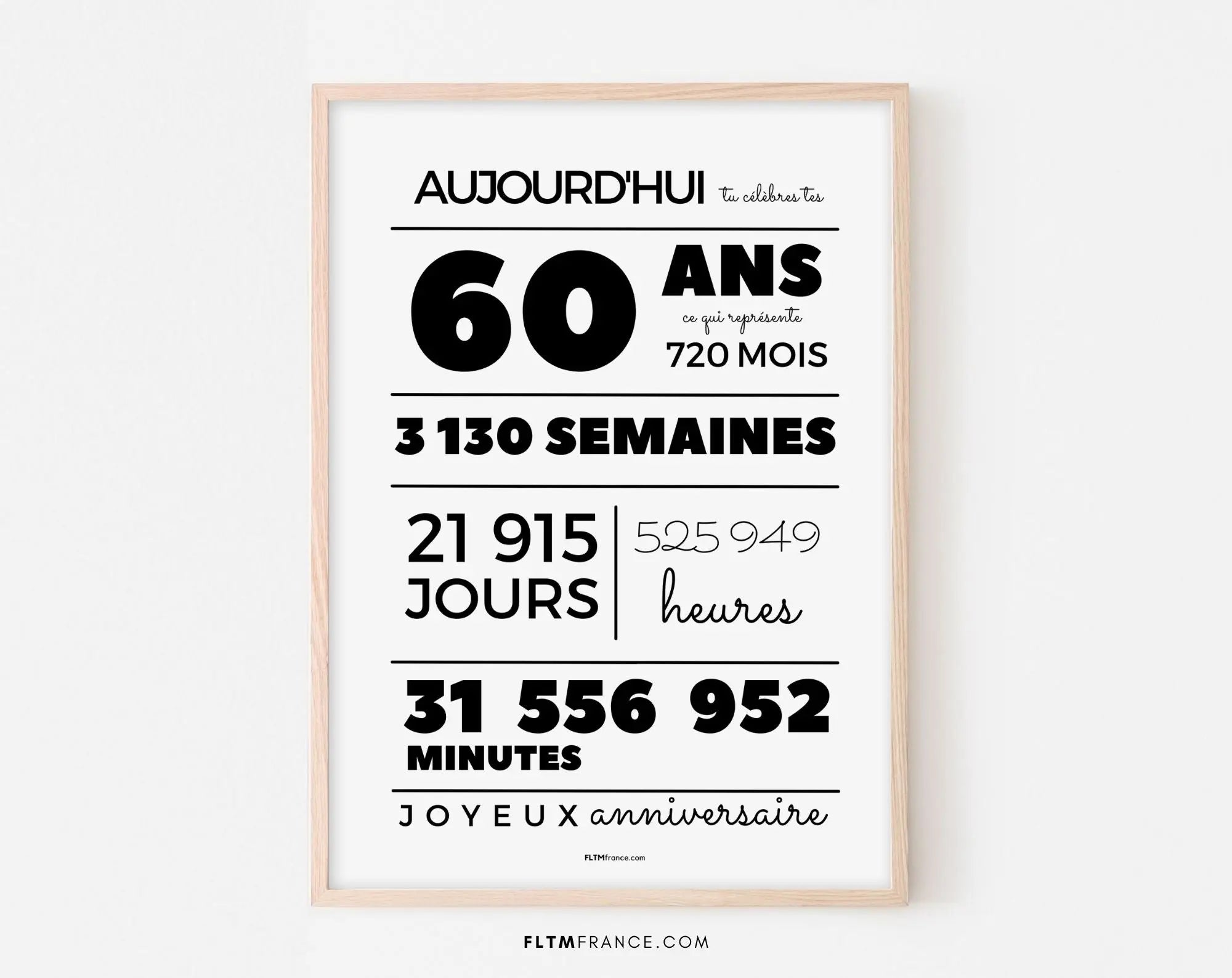 Affiche 60 ans, 720 mois, 3130 semaines - Carte anniversaire FLTMfrance