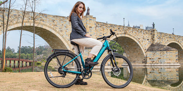 Woman riding fiido c11 ebike under the bridge