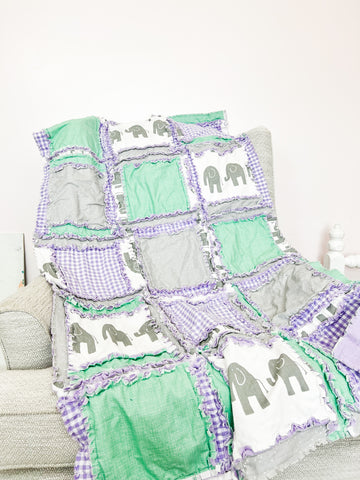 Elephant Mint and Purple Crib Bedding