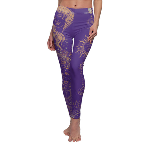 Purple Yoga Women's Cut & Sew Casual Leggings with sun, moon and stars, Yoga Leggings, new age boho style, witchy gift with sacred mother - Divine DeSein