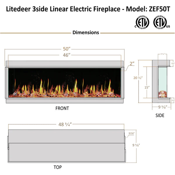 Litedeer WarmCastle 50 inch 3 Side Smart Control Electric Fireplace with Crystal Media-ZEF50T-Dimensions
