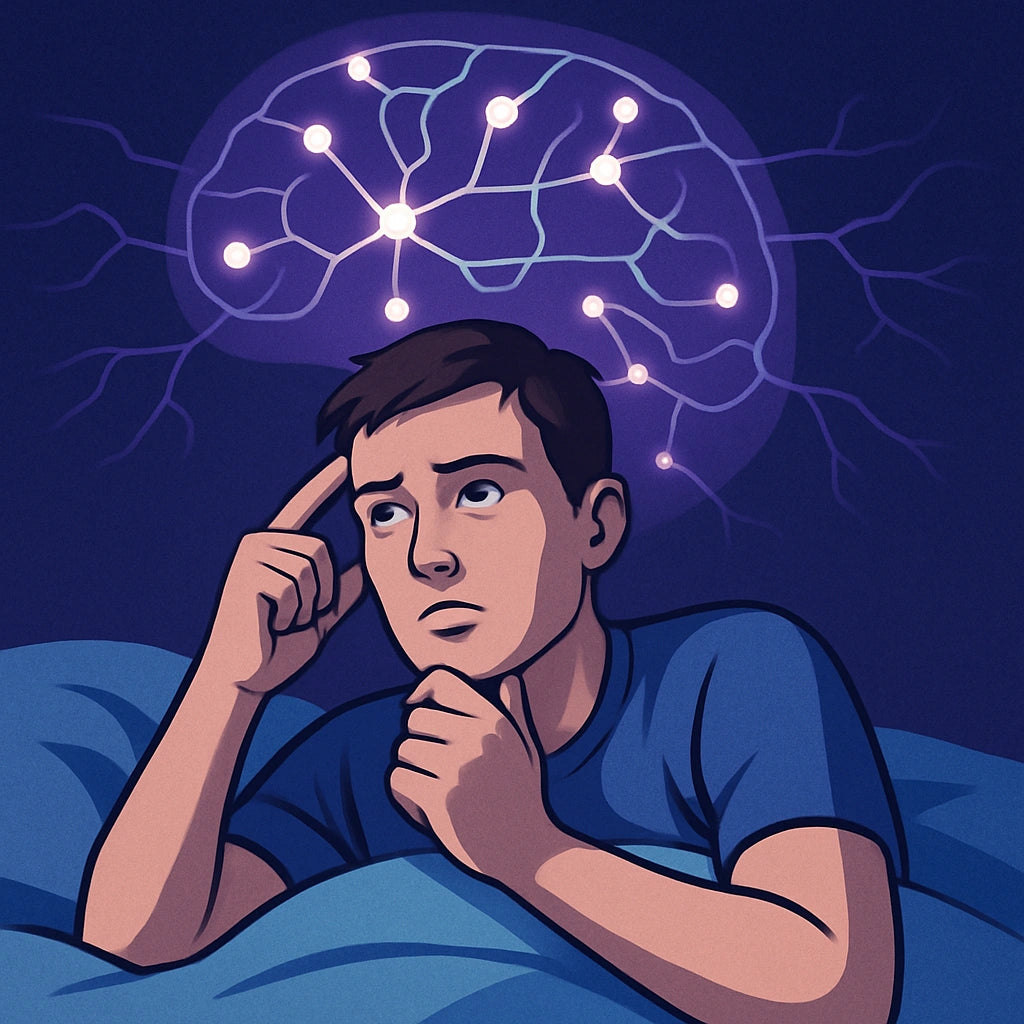 Symbolbild: Person liegt nachdenklich im Bett, Gehirn-Grafik mit verknüpften Nervenzellen